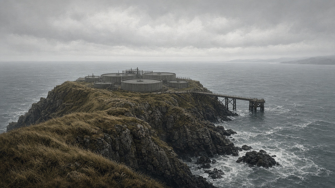 Каменистый берег, круглые резервуары и серое море